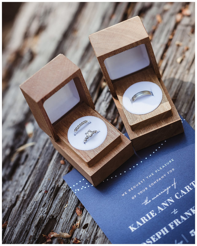 Brilliant Earth wedding rings in wood boxes at Bend, Oregon wedding