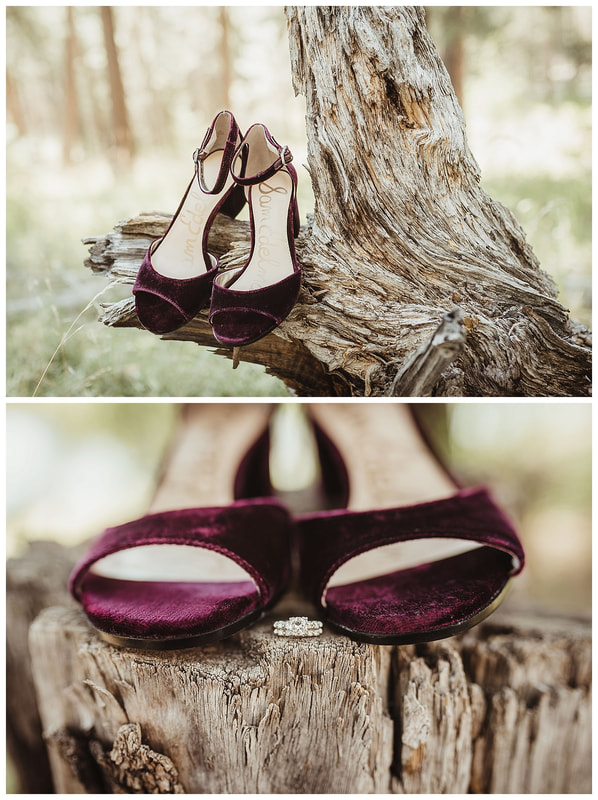 Bend Oregon wedding day shoes on wood log