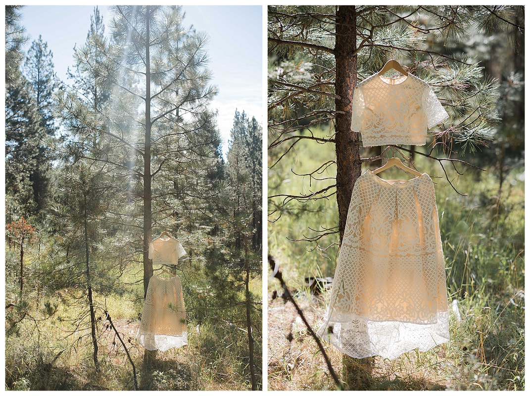 Bend Oregon Wedding Photographer and lace wedding dress in Ponderosa Pines