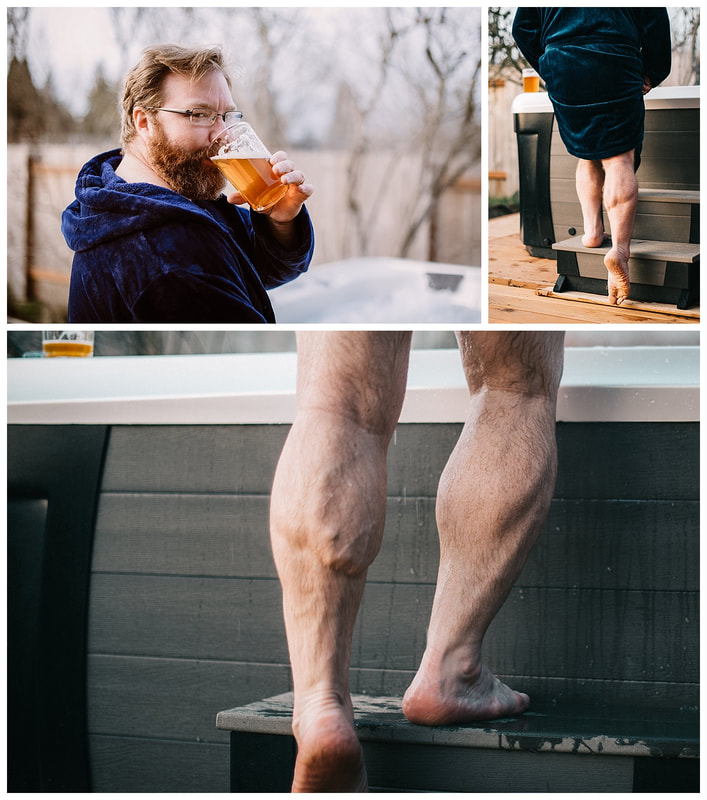 Dudeoir hot tub photo shoot with beareded man and muscular calves.