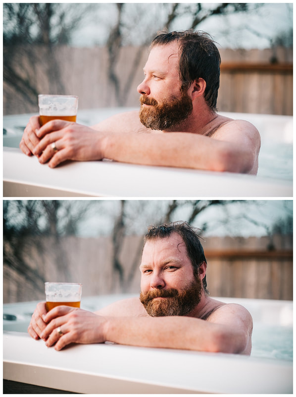 Dad in hot tub with beard and beer.