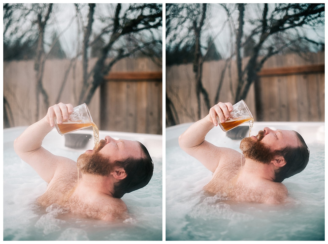 Hot tub dudeoir sexy photo shoot with bearded man drinking beer.