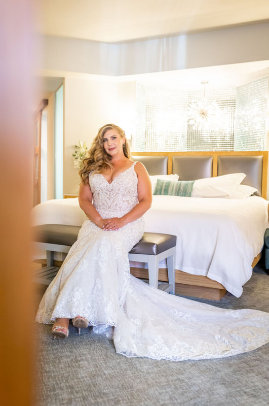 Eugene, Oregon wedding photography.  Photo of bride at Inn at the 5th at 5th Street Market in Eugene, Orgon.