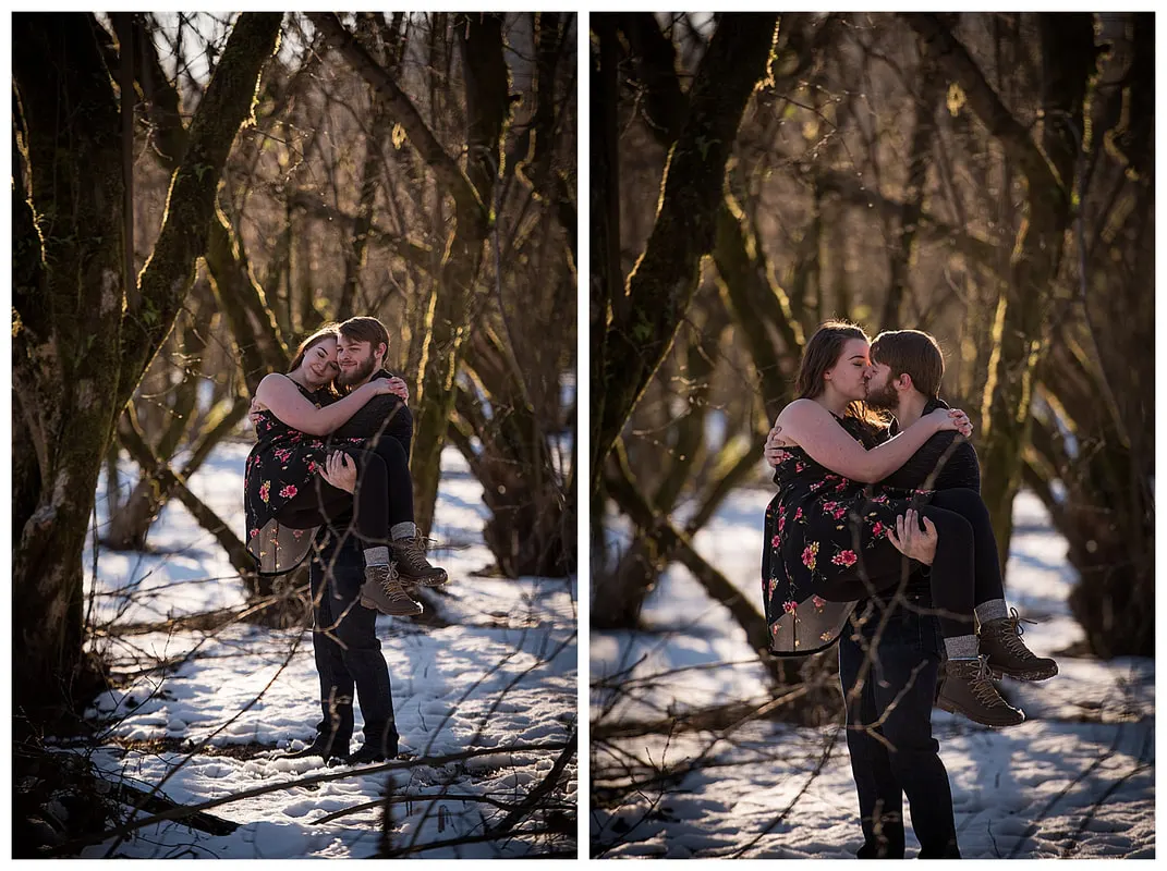 Engagment photo session of a couple taken in trees and snow at Dorris Ranch in Oregon
