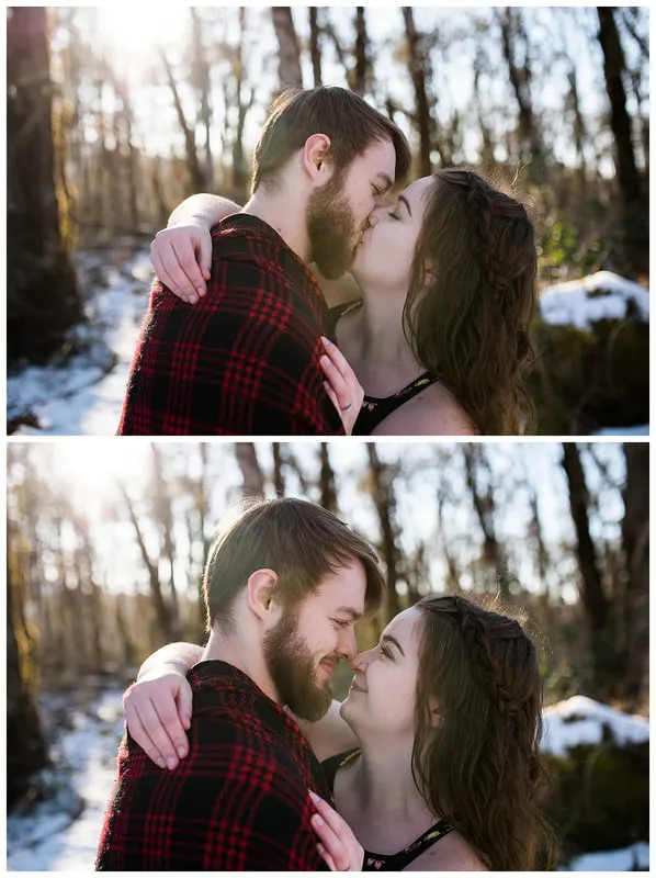 Engagment photo session of a couple taken in trees and snow at Dorris Ranch in Oregon