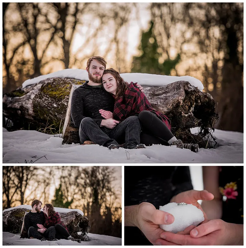 Engagment photo session of a couple taken in trees and snow at Dorris Ranch in Oregon