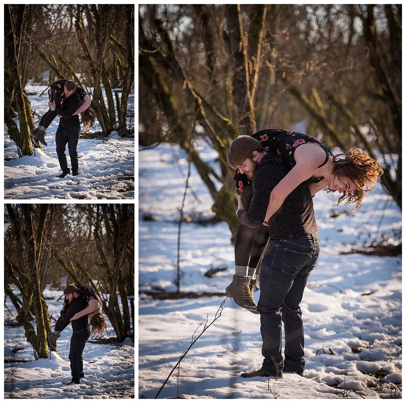 Engagment photo session of a couple taken in trees and snow at Dorris Ranch in Oregon