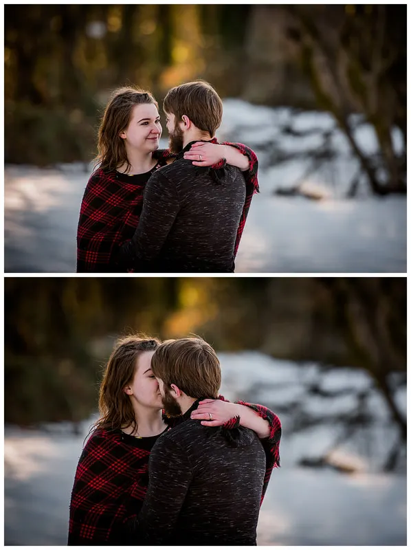 Engagment photo session of a couple taken in trees and snow at Dorris Ranch in Oregon