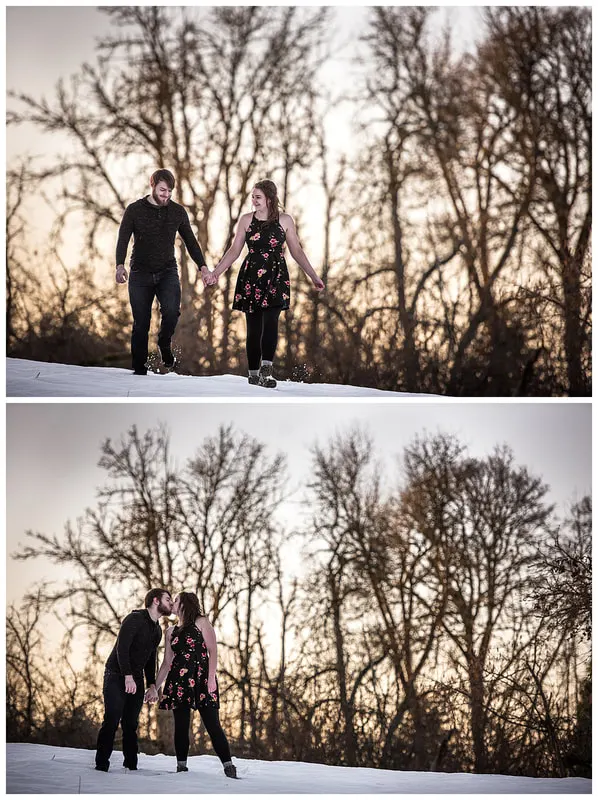 Engagment photo session of a couple taken in trees and snow at Dorris Ranch in Oregon