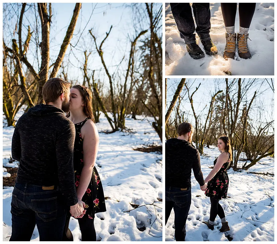Engagment photo session of a couple taken in trees and snow at Dorris Ranch in Oregon