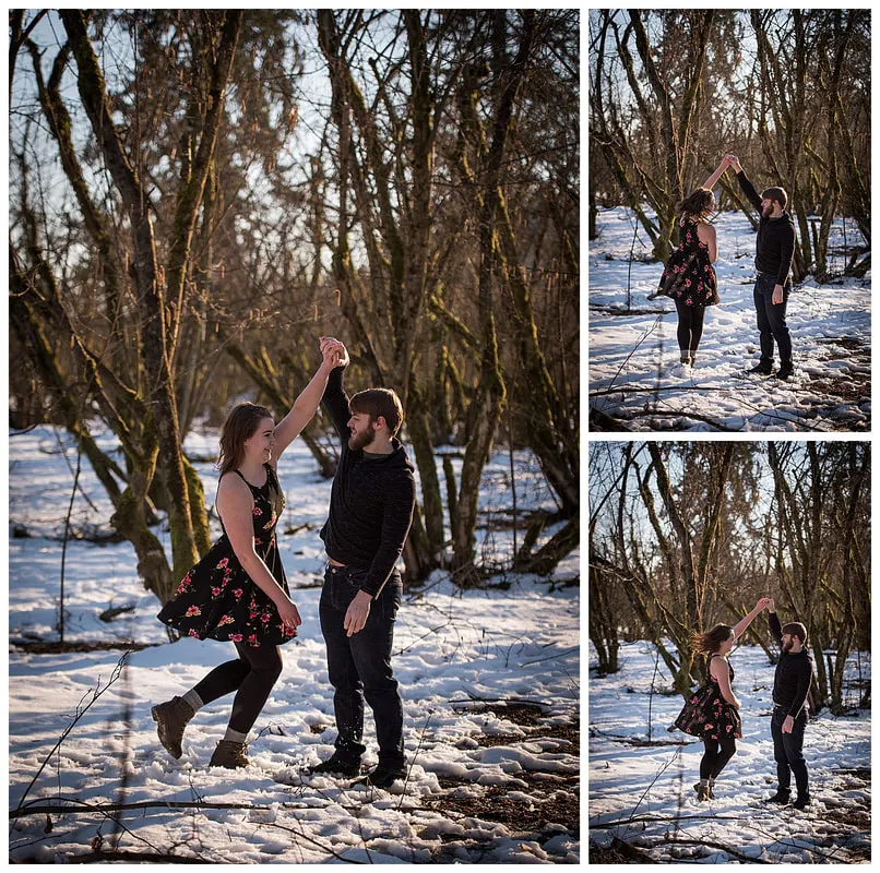 Engagment photo session of a couple taken in trees and snow at Dorris Ranch in Oregon