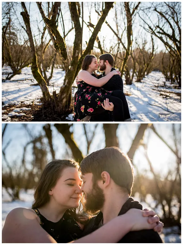 Engagment photo session of a couple taken in trees and snow at Dorris Ranch in Oregon