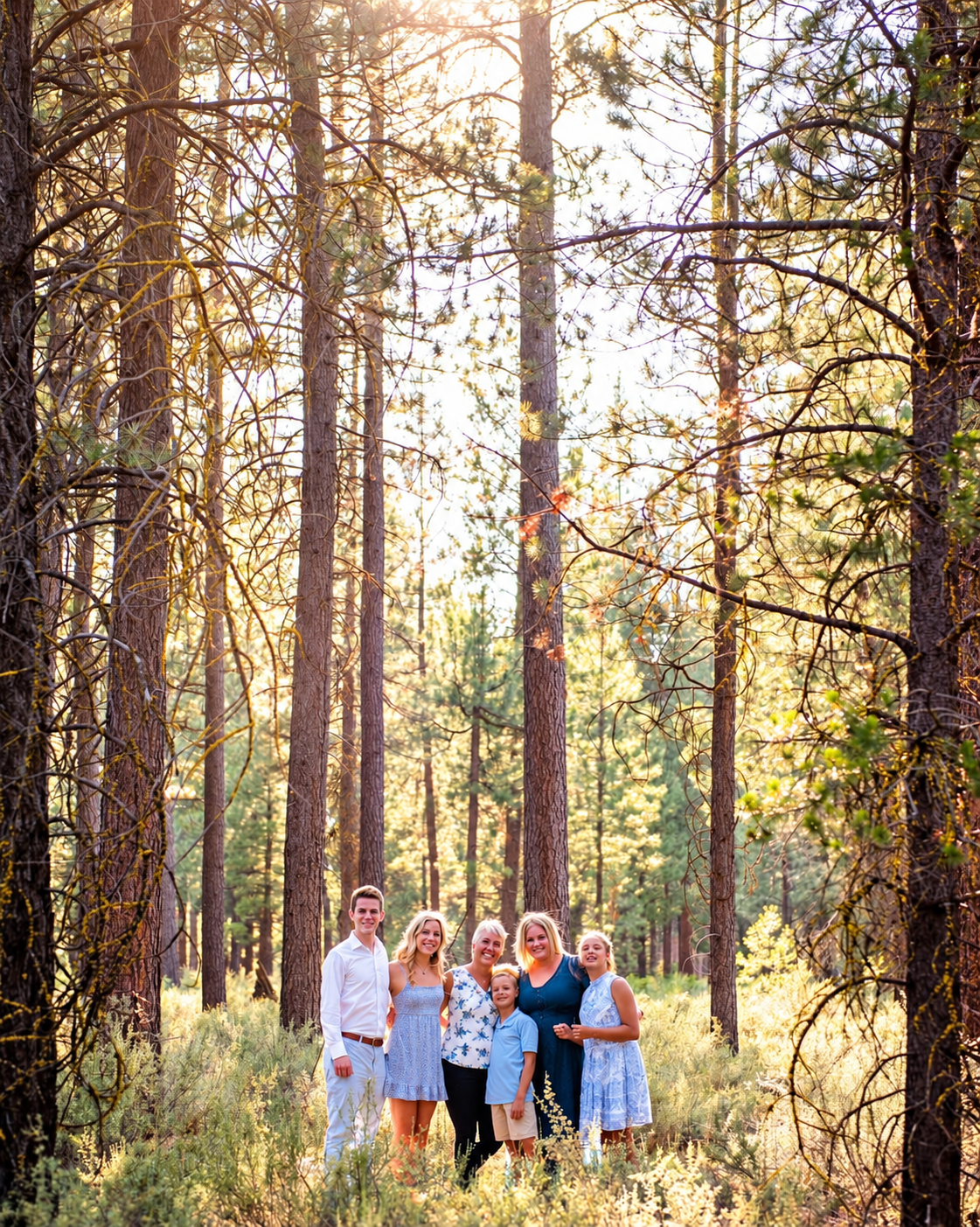 A family together among sunlit pine trees