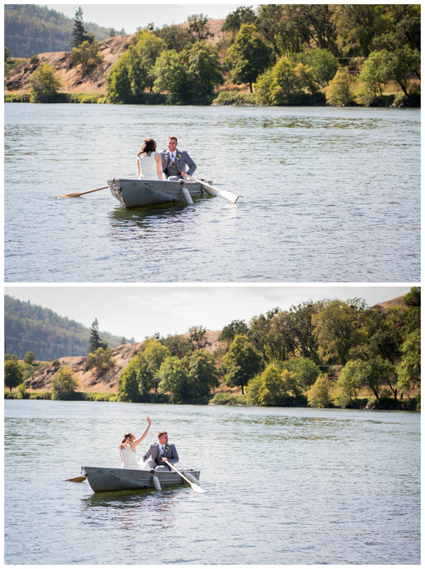 Bride & groom on a boat in the Umpqua River in Oregon